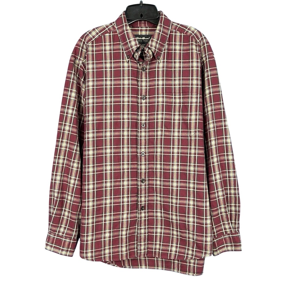 EDDIE BAUER Burgundy Plaid TWILL One-Pocket LONG SLEEVE Button-Up Shirt M
